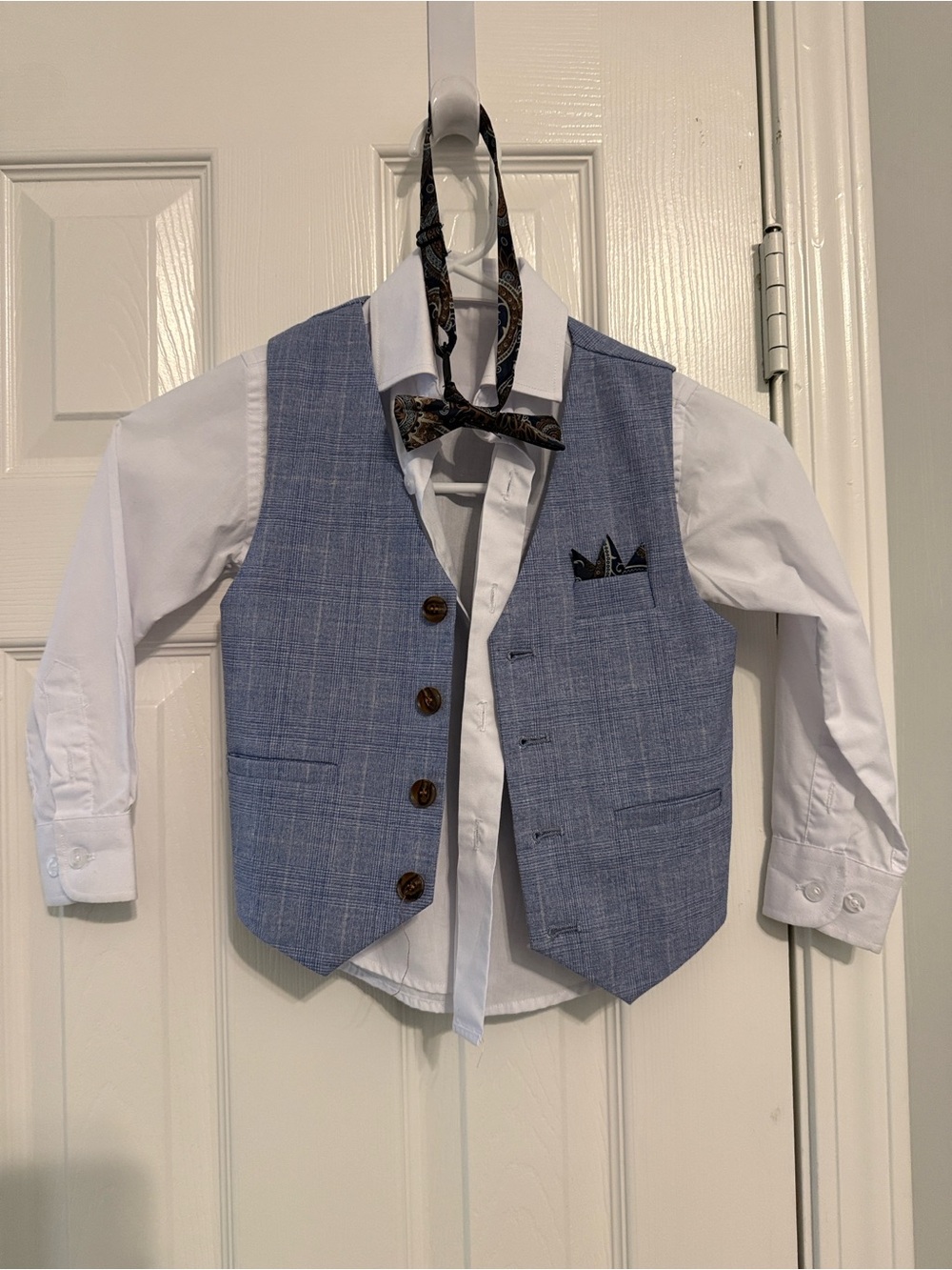 Isaac Mizrahi Light Blue Boys Vest Shirt Set with Paisley Bow Tie